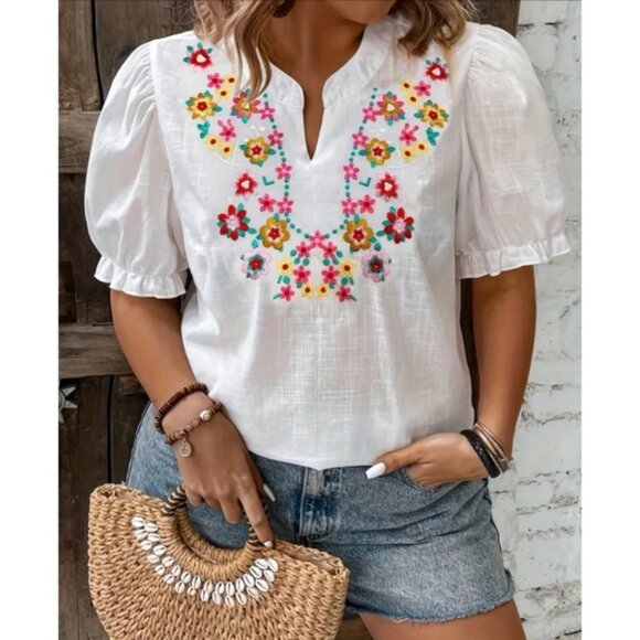 NEW! Plus White Notch Neck Breathable Embroidered Notch Neck Puff Sleeve Top - Picture 1 of 9